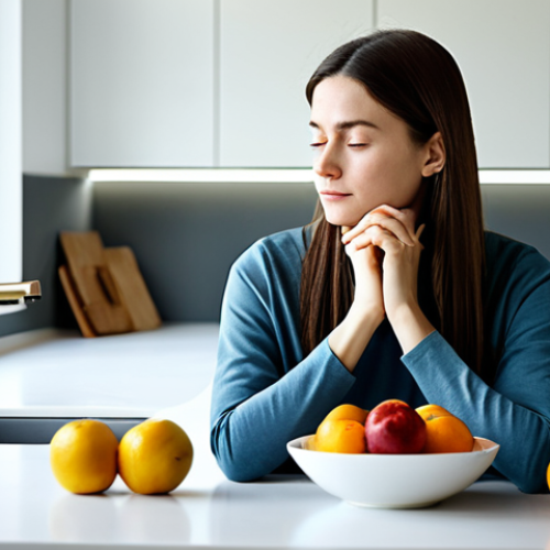 Home 4 A thoughtful young woman in modest, comfortable everyday wear, professional dress, sitting in a clean, minimalist home kitchen bathed in soft, natural light. A bowl of fresh, healthy fruit is subtly present on a table. The woman is in a natural, contemplative pose, a calm and reflective expression on her face, suggesting introspection and mindfulness regarding her well-being. perfect anatomy, correct proportions, well-formed hands, proper finger count, natural body proportions, professional photography, high resolution, detailed, soft lighting, calm atmosphere, safe for work, appropriate content, fully clothed, family-friendly.
