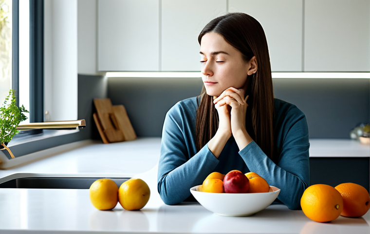 A thoughtful young woman in modest, comfortable everyday wear, professional dress, sitting in a clean, minimalist home kitchen bathed in soft, natural light. A bowl of fresh, healthy fruit is subtly present on a table. The woman is in a natural, contemplative pose, a calm and reflective expression on her face, suggesting introspection and mindfulness regarding her well-being. perfect anatomy, correct proportions, well-formed hands, proper finger count, natural body proportions, professional photography, high resolution, detailed, soft lighting, calm atmosphere, safe for work, appropriate content, fully clothed, family-friendly.