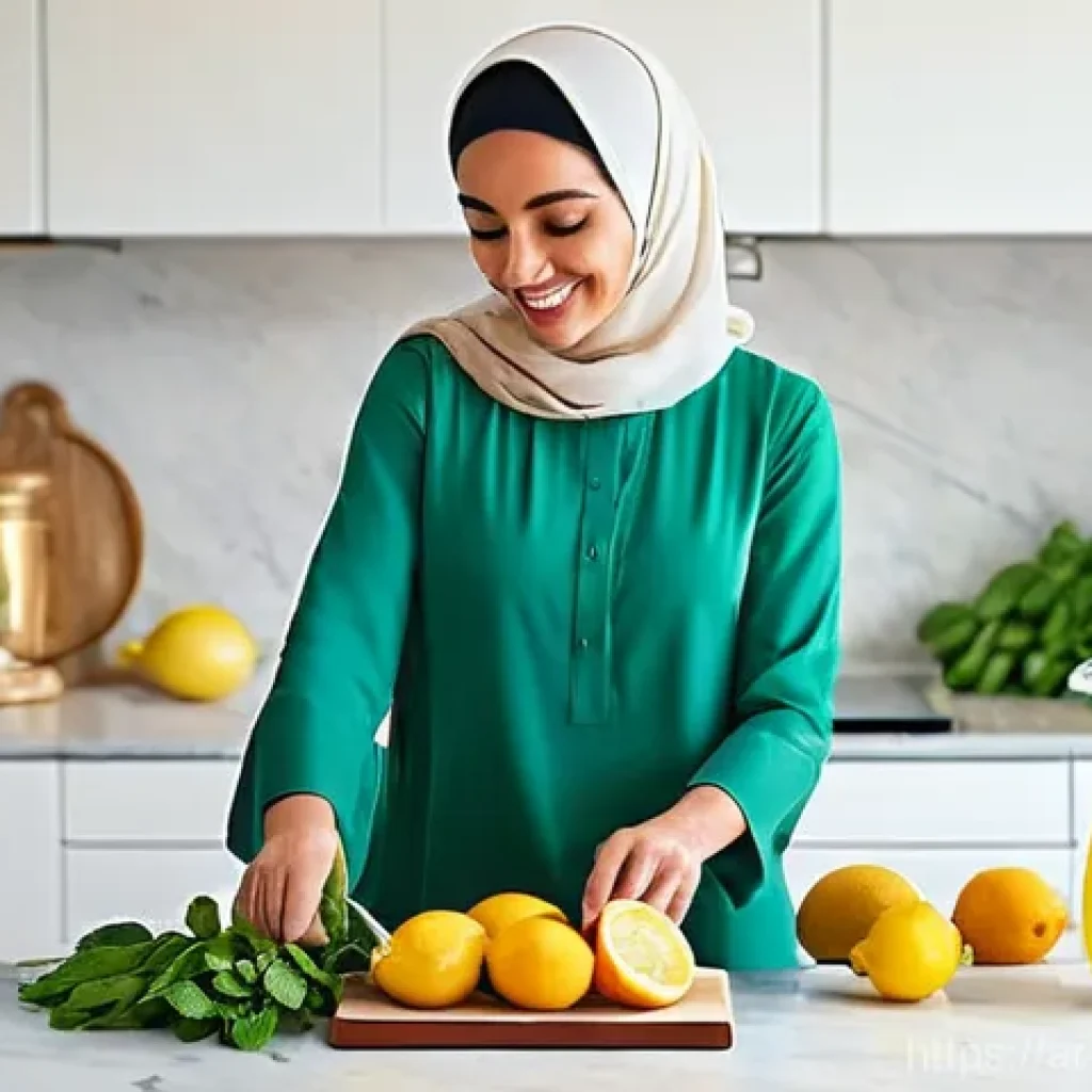 저탄수화물 다이어트와 부스터 음료 - **Prompt 1: Homemade Refreshment in an Arab Kitchen**
A vibrant, sunlit image of an Arab woman i...