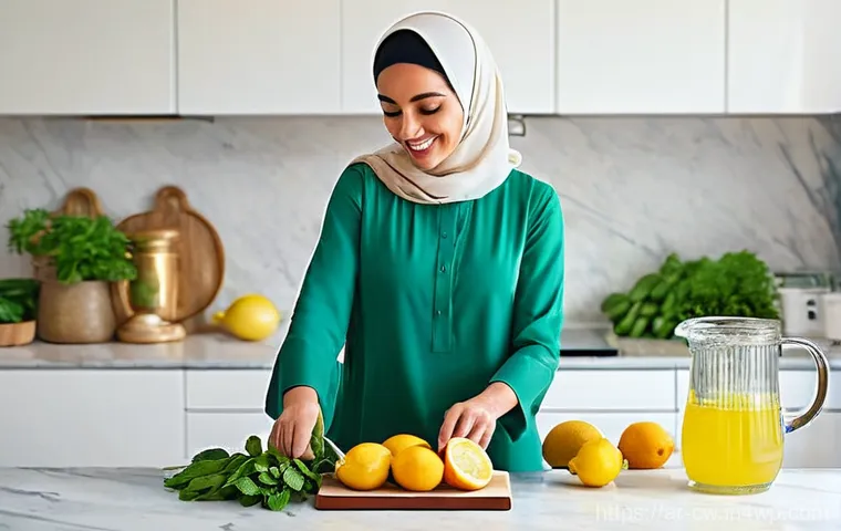 저탄수화물 다이어트와 부스터 음료 - **Prompt 1: Homemade Refreshment in an Arab Kitchen**
A vibrant, sunlit image of an Arab woman i...