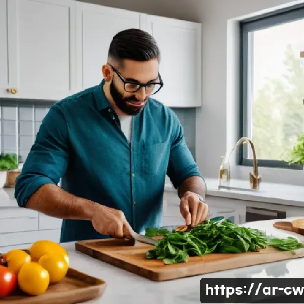 저탄수화물 다이어트의 파급 효과 - A Middle Eastern man in his 30s preparing a healthy keto meal in a modern kitchen, featuring traditi...