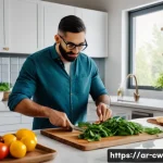 Home 22 저탄수화물 다이어트의 파급 효과 - A Middle Eastern man in his 30s preparing a healthy keto meal in a modern kitchen, featuring traditi...