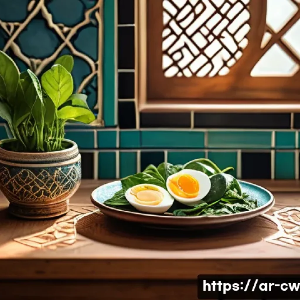 저탄수화물 다이어트와 혈당 관리의 중요성 - A vibrant, culturally authentic Middle Eastern kitchen scene featuring a traditional wooden table se...