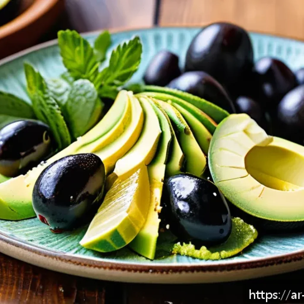 저탄수화물 다이어트와 대체 간식 추천 - A vibrant and elegant Middle Eastern-style low-carb snack platter featuring sliced ripe avocado driz...