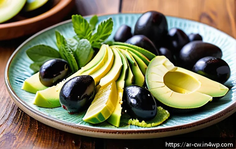저탄수화물 다이어트와 대체 간식 추천 - A vibrant and elegant Middle Eastern-style low-carb snack platter featuring sliced ripe avocado driz...