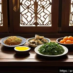 Home 18 저탄수화물 다이어트와 대사 증후군 - A detailed and vibrant illustration of a traditional Middle Eastern kitchen scene featuring a variet...