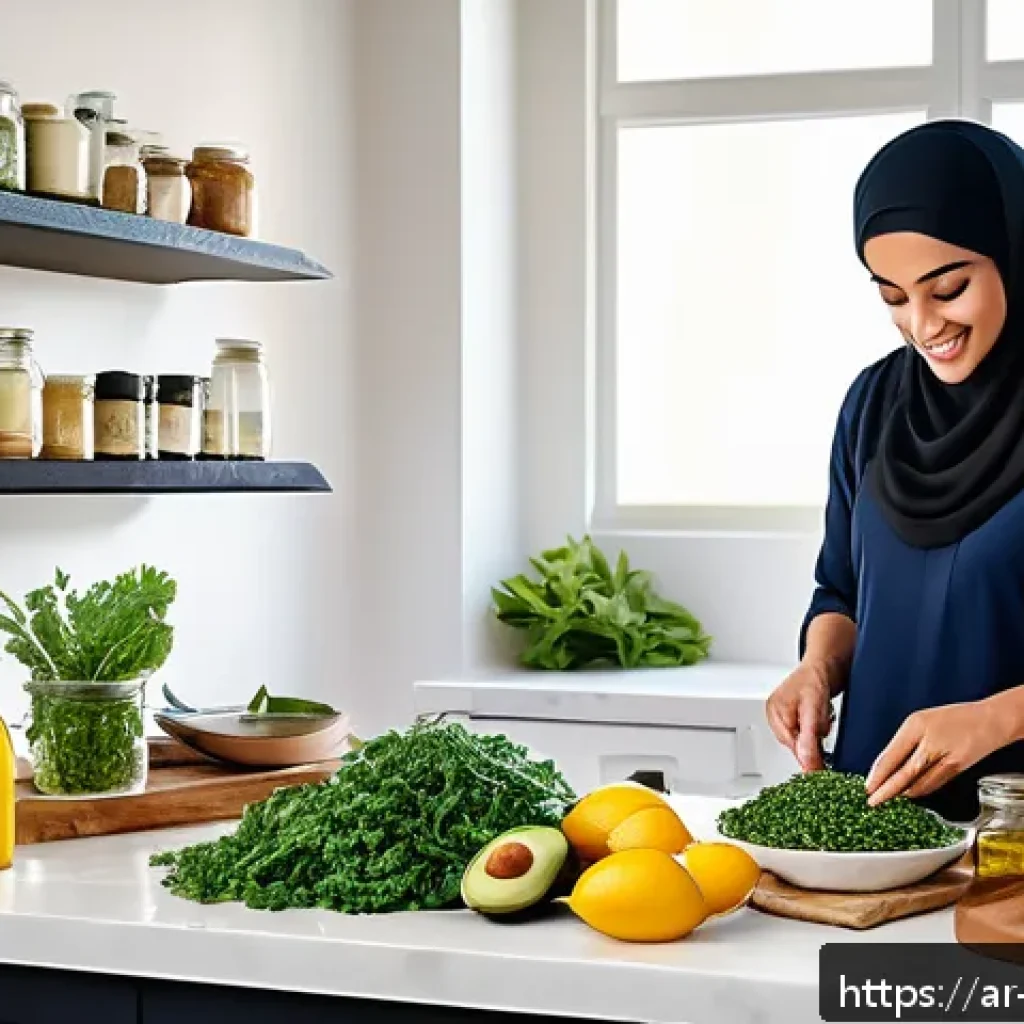 저탄수화물 다이어트의 주요 성공 요소 - A vibrant and culturally rich kitchen scene featuring a Middle Eastern woman in modest, traditional ...