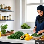 Home 23 저탄수화물 다이어트의 주요 성공 요소 - A vibrant and culturally rich kitchen scene featuring a Middle Eastern woman in modest, traditional ...