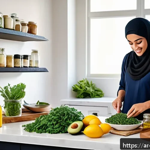 Home 17 저탄수화물 다이어트의 주요 성공 요소 - A vibrant and culturally rich kitchen scene featuring a Middle Eastern woman in modest, traditional ...