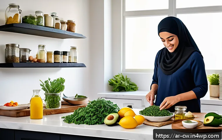저탄수화물 다이어트의 주요 성공 요소 - A vibrant and culturally rich kitchen scene featuring a Middle Eastern woman in modest, traditional ...