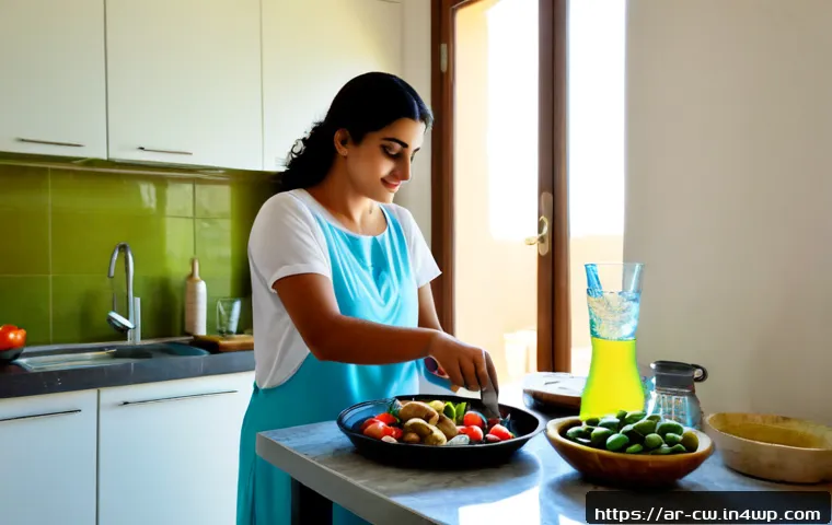 저탄수화물 다이어트에서의 여름철 관리법 - Photorealistic summer kitchen scene in an Arab home, a Middle Eastern woman in modest lightweight cl...